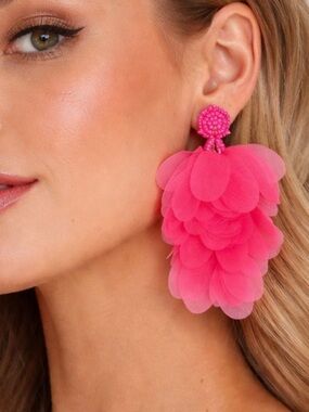 Fluffy Pink Chiffon Drop Earrings Romantic Glam Statement Jewelry